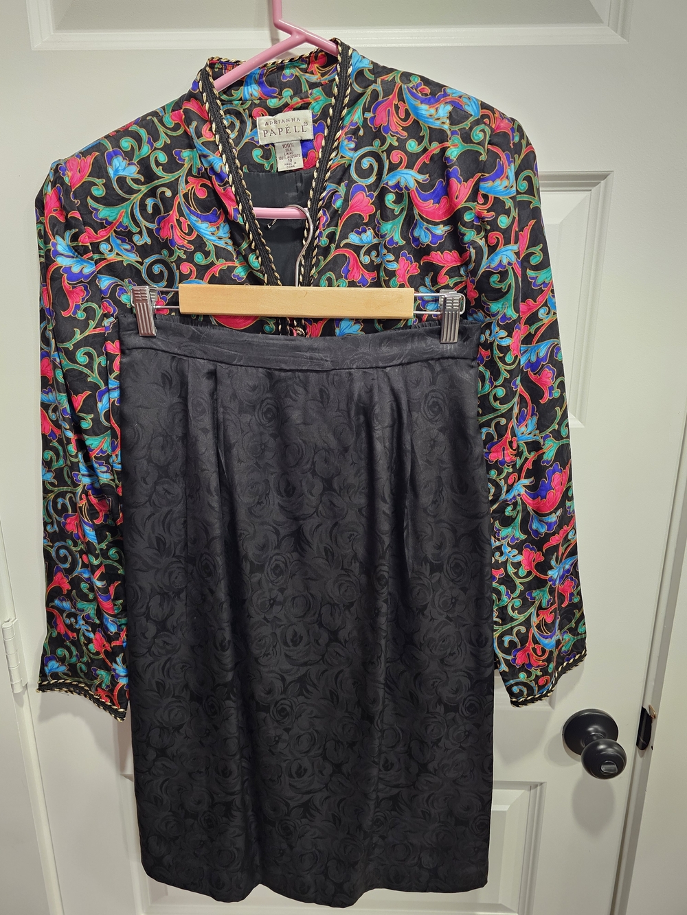 Vintage Adrianna Papell Black Floral Jacquard Midi Skirt with Subtle Rose Motif